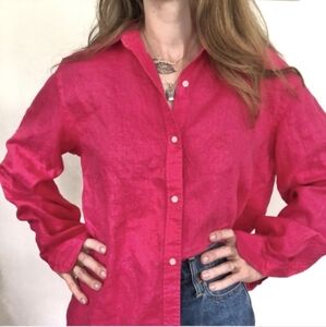 LRL Linen Shirt Button Front Roll Tab Long Sleeve Preppy Coastal Fuchsia Pink XL